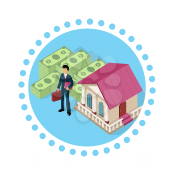 Isometric icon businessman bank cash. Money and currency business finance, exchange and earnings, banknote paying, deposit and economy capital and profit, commerce financial bank, bank building, money