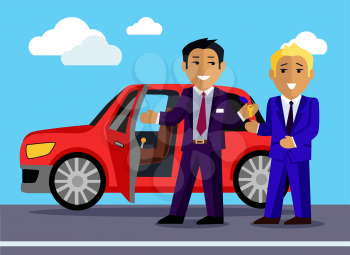 Illustration of a man buys a new car. Automobile sale, sell  transport, dealer and customer,  salesman and vehicle, purchase and seller, buyer and agent illustration