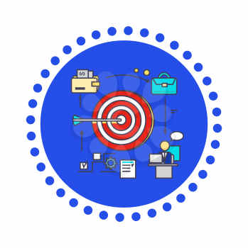 Icon flat style design goal setting. Business strategy, target and management, idea and plan, solution and achievement, objective and motivation, growth ambition illustration
