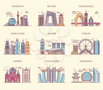 Icons Chinese major cities flat style. Shanghai and china, Beijing and Guangzhou, Hong Kong and Dalian, Tianjin and Harbin, Chongqing and Hangzhou illustration