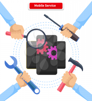 Mobile service repair gadgets. Technology and device smartphone, electronic equipment, help and assistance, tool spanner and diagnostic, instrument illustration