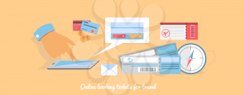 Flat design style modern planning a summer vacation, online booking a ticket on a trip, flying a plane to travel destination. Online ticket reservation and booking accommodation. Buy ticket online
