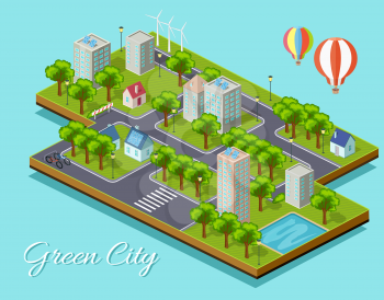 Isometric isolated green city concept. Eco city, green cityscape, green building, sustainable city, clean city, architecture cityscape, building and nature, eco environment illustration