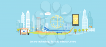 Smart technology in infrastructure of the city. Icon and network system, communication innovation town, connection and future, control information, internet illustration