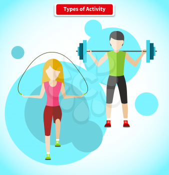 Types of activity people icon flat design. Active sport, fitness and aerobics, exercise with weight, rope jump, training and gymnastic, health activity, barbell and strength, illustration