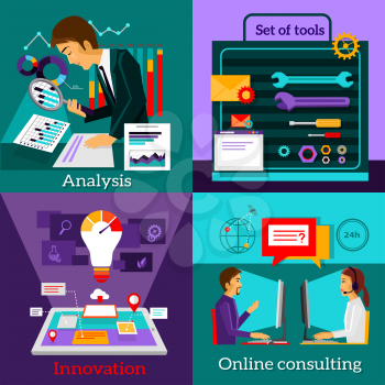 Analysis innovation. Online consulting. Set tools. Strategy solution, work support and advice, development technology, intelligence and information illustration