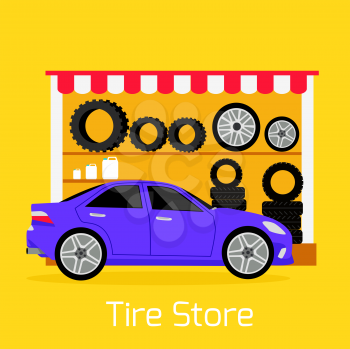 Tire store automobile flat concept. Mechanic service, transport car, repair wheel, auto vehicle transportation,  maintenance and tyre, rubber and quality illustration