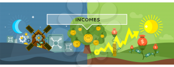 Incomes concept design style flat. Money, income tax, revenue and profit, salary, investment and tax, business finance, earning cash dollar, financial growth coin illustration