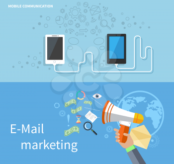 Mobile communication and e-mail marketing. Mobile technology, mobile phone, communication technology, email marketing, e-mail marketing template illustration