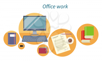 Office work concept flat design icon. Document and computer, business workplace, digital screen, workspace and monitor, paper page, process paperwork, coffee and flash drive illustration