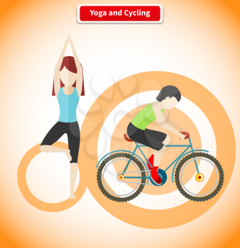 Yoga and cycling sport concept design. Meditation and fitness, yoga poses, exercise and zen, cycling race, cyclist on mountain bike, healthy activity man, human body aerobic illustration