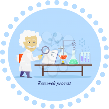 Research process icon flat isolated. Discovery and reaction, chemistry science, processing development, search data and innovation, organization develop, magnifier and invention illustration