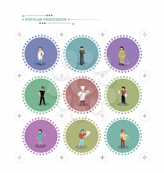 Characters set popular professions. Stewardess and doctor, artist and fireman, waiter and policeman, cook and businessman, occupation people, job and career illustration. Characters in poses