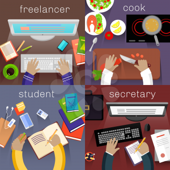 Student and freelancer, cook and secretary. Office desk, desktop and workplace, work and workstation, office workspace, table and workspace illustration