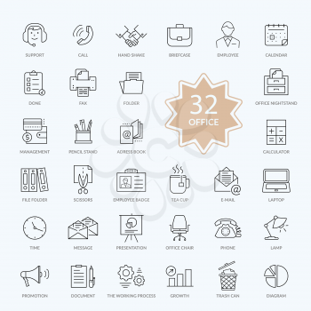 Set of 32 thin, lines, outline office items icons. Icon set, office icons, business icon set, icons, office, business icons, web icon set, business and finance, office and business. Interface icon