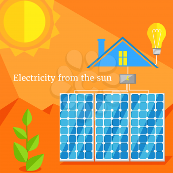 Electricity from sun design flat. Solar energy, solar panels, sun power, sun energy house, environment power, ecology and eco, electric industry from nature illustration