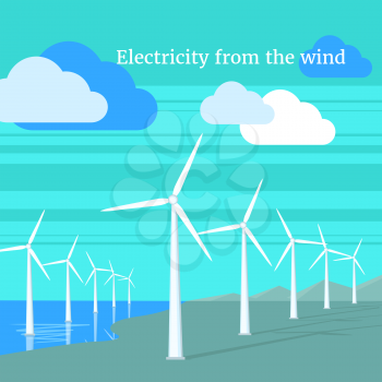 Electricity from wind design flat. Air and wind blowing, storm and windmill, wind turbine and energy power, industry ecology with technology renewable illustration