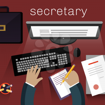 Workspace secretary design flat. Assistance and office, receptionist, secretary desk, personal assistant, business work, computer desk, desktop job illustration