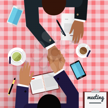 Work space meeting design flat. Business meeting, conference and work, space and corporate, table and people, coworking and workplace, collaboration employee, vector illustration