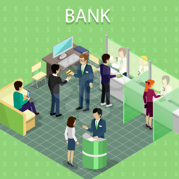 Isometric interior of the bank with people. Finance and money, banker and bank interior, business people, commercial and lobby, worker and reception illustration