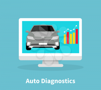 Auto diagnostics monitor flat concept. Car or automobile, automotive and repair logo, driving icon, service mechanic, technology engine, maintenance station illustration