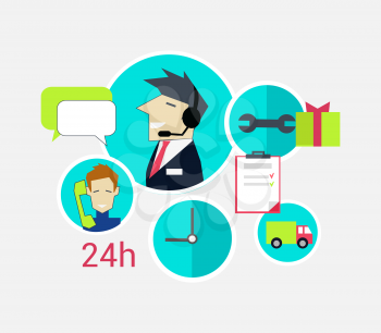 Support concept icon flat design. Business communication, internet service, computer and phone chat management, contact and connection, professional help and feedback illustration on white