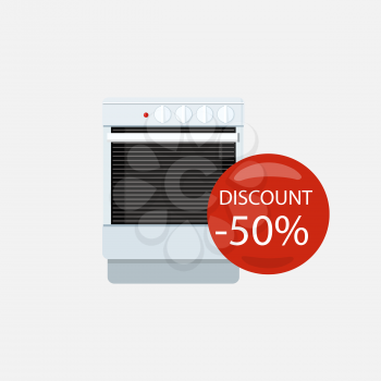 Sale of household appliances. Electronic device with red bubble discount percentage. Sale badge label. Home appliances flat style. Stove, gas, gas burner, gas flame, gas cooker, gas heater, gas range