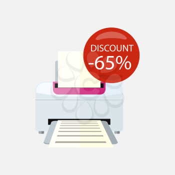 Sale of household appliances. Electronic device red bubble discount percentage. Sale badge label. Office appliances flat style. Printing, printer icon, printing press, office printer, computer, copier