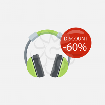 Sale of household appliances. Electronic device with red bubble discount percentage. Sale badge label. Home appliances in flat style. Music, headphones isolated, dj, speaker, headset, headphones icon