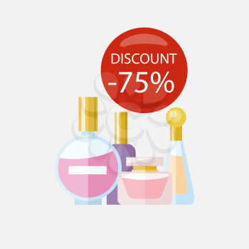 Sale of household appliances. Red bubble discount percentage. Sale badge label. Group parfume bottle flat style. Perfume, parfume bottle, cosmetics, woman parfume, fragrance, man parfume, smell