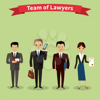 Lawyers team people group flat style. Law firm, attorney and lawyer office, legal and teamwork, work executive manager, partner authority, jurist or advocate illustration