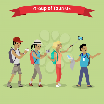 Tourists people group flat style. Travel and tourist group, tour and tourist isolated, tourist guide, vacation and tourist people, tourism summer leisure illustration