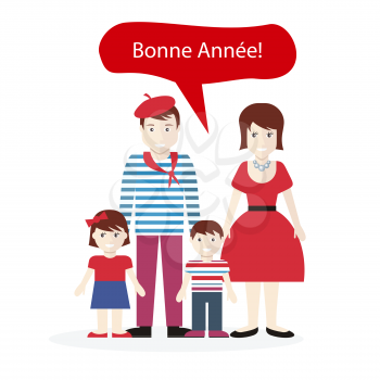 French people congratulations happy New Year. Family with child wish, national greeting country, person ethnic, traditional character clothes illustration