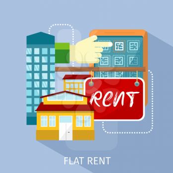 Flat rent price design concept flat. Price and business, estate house, rental home building, property residential, deal and money, apartment search illustration