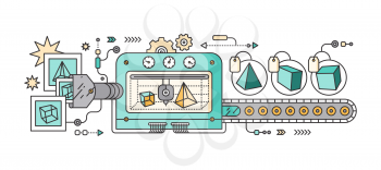 Industrial 3D printer prints. Innovative fabrication process background. 3D printer and sample objects. 3D printer icons. Manufacturing 3D printer. Monitor showing 3d program. 3d conveyor. 3d vector