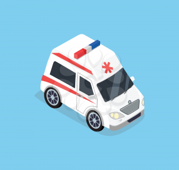 Isometric ambulance car. 3D isometric top view ambulance car transport. Ambulance emergency medical evacuation 3D car. Flat 3d isometric high quality city service ambulance car. Ambulance car isolated