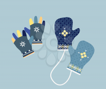 Mitten icon. Gloves icon. Pair of knitted christmas mittens. Winter mittens in soft vintage colors. Knitted warm mittens.  Pair of gloves. Mittens gloves for cold weathe. Vector illustration.