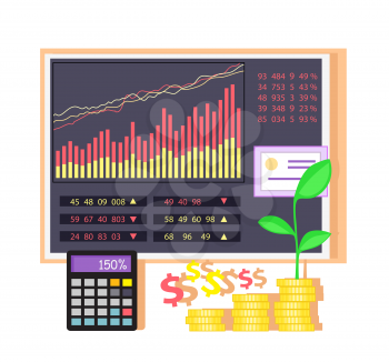 Invest in shares concept icon flat design. Investment in business, money and finance, data chart, graph financial, market infographic, information and profit, economic accounting illustration