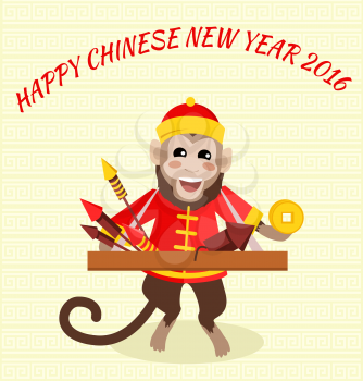 New Year card with monkey. Happy Chinese New Year 2016. New Year monkey. Chinese zodiac monkey. Year of monkey 2016. Chinese New Year greetings. Monkeys in traditional chinese background. Year Monkey