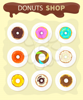 Sweet donuts set design flat food. Doughnut, donuts coffee, donut isolated, coffee and cookies, cake bakery, dessert menu, snack pastry, tasty illustration. Donuts shop. Donut icon. Donuts glaze