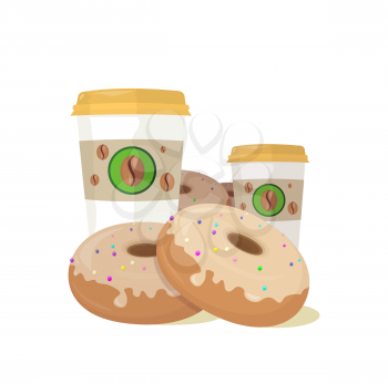 Sweet donuts set design flat food. Doughnut, donuts coffee, donut isolated, coffee and cookies, cake bakery, dessert menu, snack pastry, tasty illustration. Donuts shop. Donut icon. Donuts with coffee