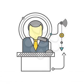 Orator standing behind a podium with microphones. Speaker makes a report to the public. Orator icon. Presentation and performance before an audience. Oratory, lecturer, business seminar orator