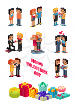 Happy valentine day couple 3d isometric. Valentines day, happy valentine, young couple, happy couple, valentine couple in love, isometric 3d couple people, romantic relationship lover man give flower