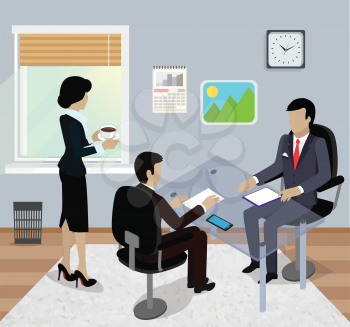 Isometric business meeting in office flat design. 3D Meeting business people, business team, meeting  in office, work management, conference meeting company, organization business meeting discussion