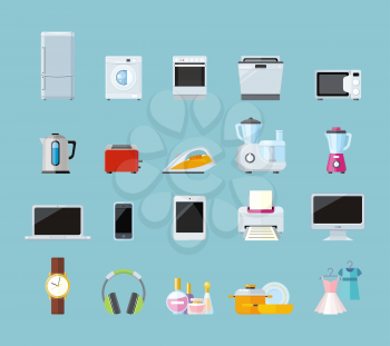 Set of household appliances design flat. Appliances household, household items, washing machine, kitchen appliances, appliance home, machine and equipment, refrigerator and microwave illustration