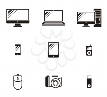 Set of device icon design flat. Devices tablet icon, mobile icon, laptop icon, technology icons, phone computer and tablet icon, laptop device icons, electronic digital monitor illustration 