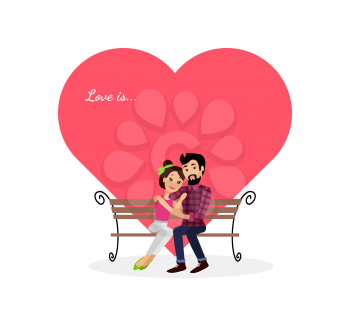 Happy valentine day couple sitting on bench. Happy valentine, couple love, young couple, happy couple, woman hug man, couple happy, lover celebration valentine day, romantic relationship. Love is