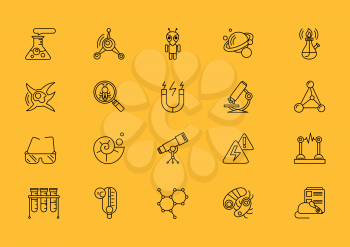Set of science thin, lines, outline, strokes icons. Symbols of sciences tube, spiritlamp, bulb, magnet, microscope, telescope black on yellow background. For web and mobile applications 