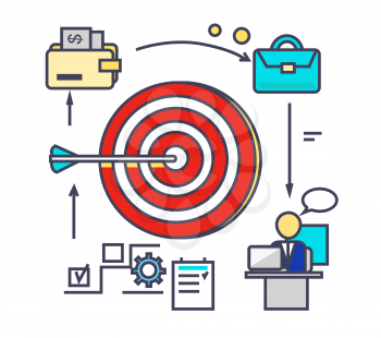 Icon flat style design goal setting. Business strategy, target and management, idea and plan, solution and achievement, objective and motivation, growth ambition illustration. Goal setting concept