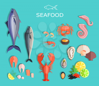 Seafood set design flat fish and crab. Seafood fish, seafood platter, lobster and crab, food oyster, fresh seafood, shrimp and menu seafood, octopus animal, shellfish lemon, fresh seafood illustration